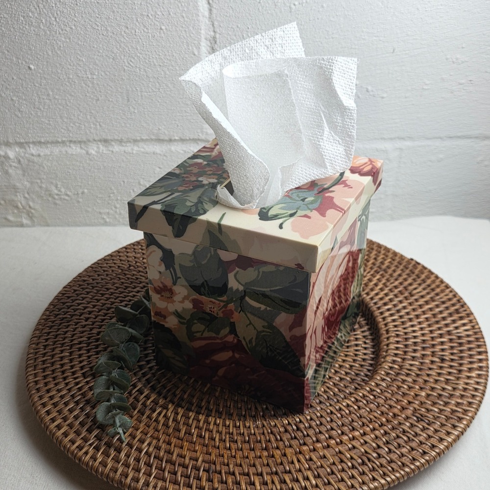 Vintage 1990s Croscill Rose Arbor Tissue Box Cover Plastic Pink Burgundy Green